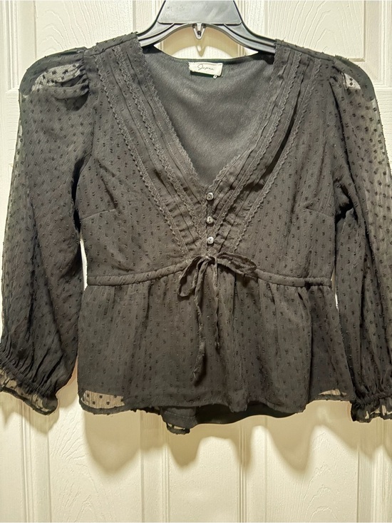 joppa Tops - Elegant Black Sheer Dot Tie-Front Blouse
